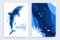 Paper art world ocean day banner set with dolphin silhouette. Underwater world page layout. Paper cut sea background Royalty Free Stock Photo