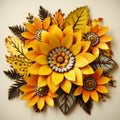 paper art of yellow sunflowers and leaves on a beige background