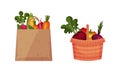 Paper Bag and Basket Full of Fresh Vegetable from Greengrocery Vector Set