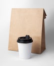 Paper bag and coffee cup isolated on white background with clipping path Royalty Free Stock Photo