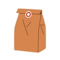 Paper bag, delivery package from brown kraft. Closed soft pack sealed with sticker, for delivered takeaway takeout fast