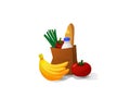 Paper bag filled with groceries with fruits and vegetables laying close. Vector eps10