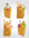 Paper bag with food bread and fruits, vegetable ve