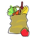 Paper bag with food. Shopping at the supermarket. A set of healthy food. Vegetables and fruits, wine . Vector, isolated Royalty Free Stock Photo