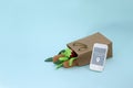 Paper bag with food and smartphone