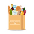 Paper bag with fresh organic food. Shopping at the grocery store. Vector illustration. Flat design. Royalty Free Stock Photo