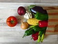 Paper bag full of juicy organic green red peppers, red tomato, purple eggplant, yellow onion, white garlic and maize. Summer. Royalty Free Stock Photo