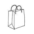 Paper bag with handles isolated. Line sketch. Black and White hand drawn illustration on white background. Package for Royalty Free Stock Photo