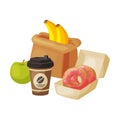 Paper Bag Package with Healthy Breakfast, Coffee Cup, Donuts, Apple, Bananas Vector Illustration