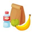 Paper Bag Package with Healthy Breakfast, Plastic Bottle of Water, Apple, Banana Vector Illustration