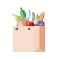 Paper bag with purchases. full packet with fresh food, vegetables, fruits, dairy products. Concept shopping in a grocery
