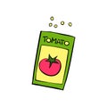 Paper bag with seeds tomato. Vector hand drawn colorful illustration, clip art in doodle flat style