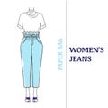 Women`s blue Paper Bag Jeans with loose silhouette. Shortened, high-waisted pants