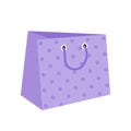 Paper bag vector icon. Bright empty package for a gift, surprise, shopping. Purple packet with polka dots, with handles. Hand Royalty Free Stock Photo