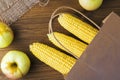 Paper bag vegetables and fruit on the dark wooden background with copy space top view