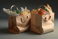 Paper bags filled with groceries floating over shopping basket Royalty Free Stock Photo