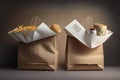 Paper bags filled with groceries floating over shopping basket Royalty Free Stock Photo