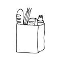 Paper bags with groceries icon. sketch hand drawn doodle style. vector minimalism monochrome. shopping, shop, food, bread, milk