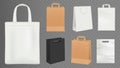 Paper bags. Realistic craft shopping bag, white and black packs vector illustration