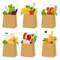 Paper bags set with groceries. Food in shopping bags. Supermarket food products. Vector illustration