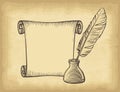 Hand drawn inkstand, feather and paper on old craft paper texture background. Royalty Free Stock Photo