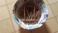 A paper basket full of sticks