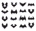 Paper bats. Halloween symbol of creepy flying animal with wings. 3d vampire party decoration. Scary bat horror black