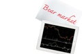 Paper with bear market text and tablet with graph is isolated on