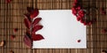 Paper blank, dried flowers and leaves and berries on wooden background