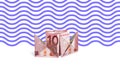 Paper boat from the bills of 10 euros, 3D illustration, on a wave background