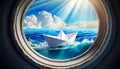 Paper Boat in the Blue Waves of the Sea Seen Through the Porthole - Generative Ai Royalty Free Stock Photo