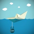 Paper Boat chained to the weight with the inscription loan. Stock Vector cartoon illustration.