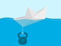 Paper Boat chained to the weight. Vector illustration