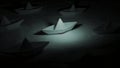 Paper boat in dark space. Design. Paper boats stand on water with colored light. 3D animation with paper boats and