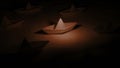 Paper boat in dark space. Design. Paper boats stand on water with colored light. 3D animation with paper boats and