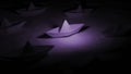 Paper boat in dark space. Design. Paper boats stand on water with colored light. 3D animation with paper boats and