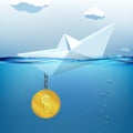Paper boat with a dollar instead of an anchor is sinking in water Royalty Free Stock Photo