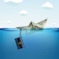 Paper boat dollar currency sinking in water Royalty Free Stock Photo