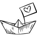 Paper boat with a flag on which a heart sketch vector illustration Royalty Free Stock Photo
