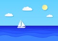 Paper boat floating sea. Cloudy sky with sun, sailboat with white sail in blue ocean waves. Summer vocation origami Royalty Free Stock Photo