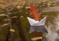 A paper boat floats in a puddle, instead of a sail it has a red oak autumn leaf Royalty Free Stock Photo