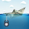 Paper boat made from dollar currency sinking in water Royalty Free Stock Photo