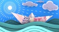 Paper boat made from Turkish banknote floats on the waves of the ocean Royalty Free Stock Photo