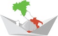 Paper boat with map of Italy- Royalty Free Stock Photo