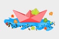 Paper boat with maple leaves in a puddle isolated on white background. Royalty Free Stock Photo