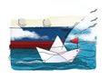 Paper boat with a red flag on the waves next to a fragment of a large sea ship. Gulls in the clouds. Graphic illustration Royalty Free Stock Photo