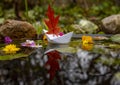 A paper boat with a red oak leaf instead of a sail is reflected in the water Royalty Free Stock Photo