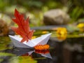 A paper boat with a red oak leaf instead of a sail is reflected in the water Royalty Free Stock Photo