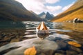 Paper boat sailing along the fjord. Generative AI