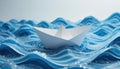 A paper boat sails on blue and white stylized striped waves. Royalty Free Stock Photo